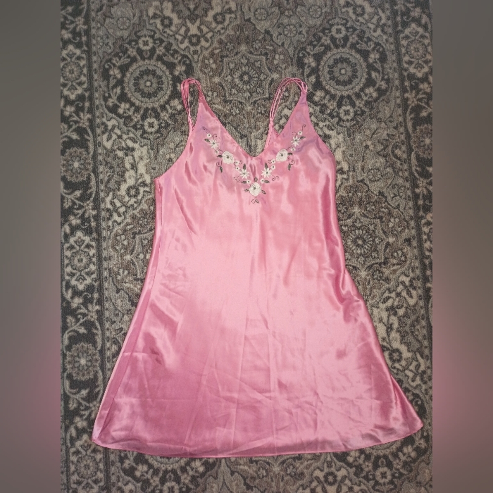 Vintage Inner Most Satin Slip Dress Medium Pink Floral Embroidered Dainty Y2K - Picture 2 of 12